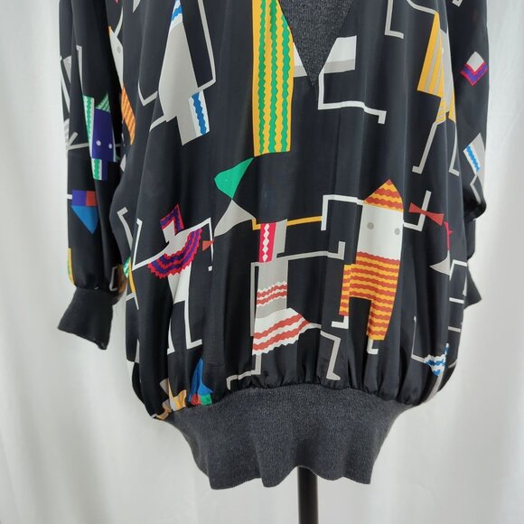 Vintage Blouse Top Medium Black Geometric New Wave - Picture 3 of 9